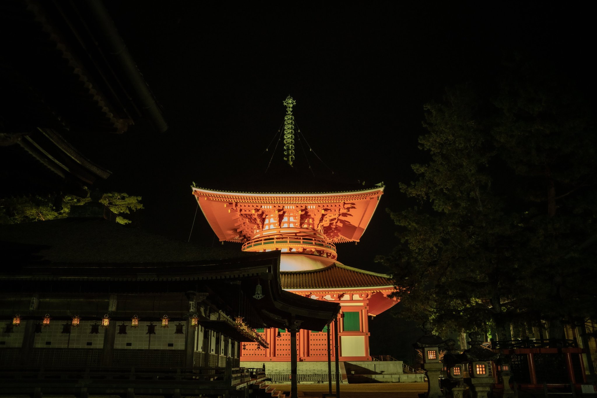 The illuminated Konpon Daito beyond the trees at Koyasan